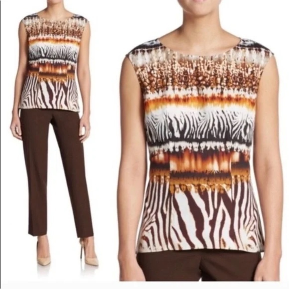 Lafayette 148 animal print zip back tank blouse size 6 medium